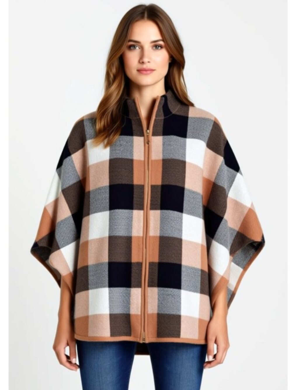 Tahari plaid knit poncho cape, mock neck & full Zipper, Size L/XL (P4)